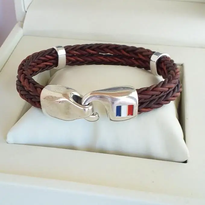 Braided leather bracelet with hook clasp