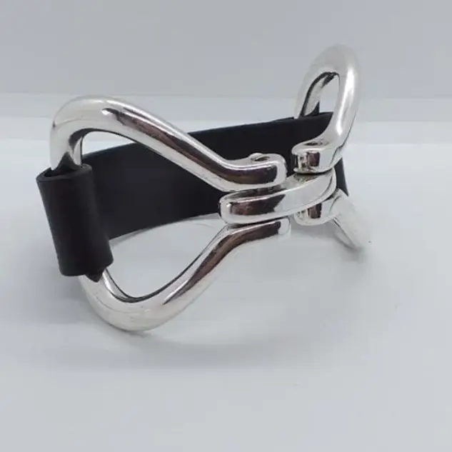 Silver-plated 'double bit' leather and steel bracelet