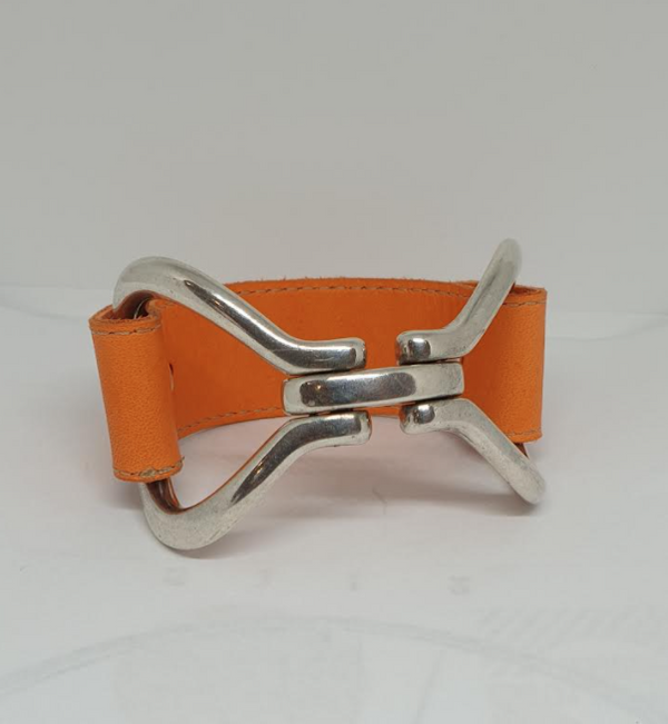 Silver-plated 'double bit' leather and steel bracelet