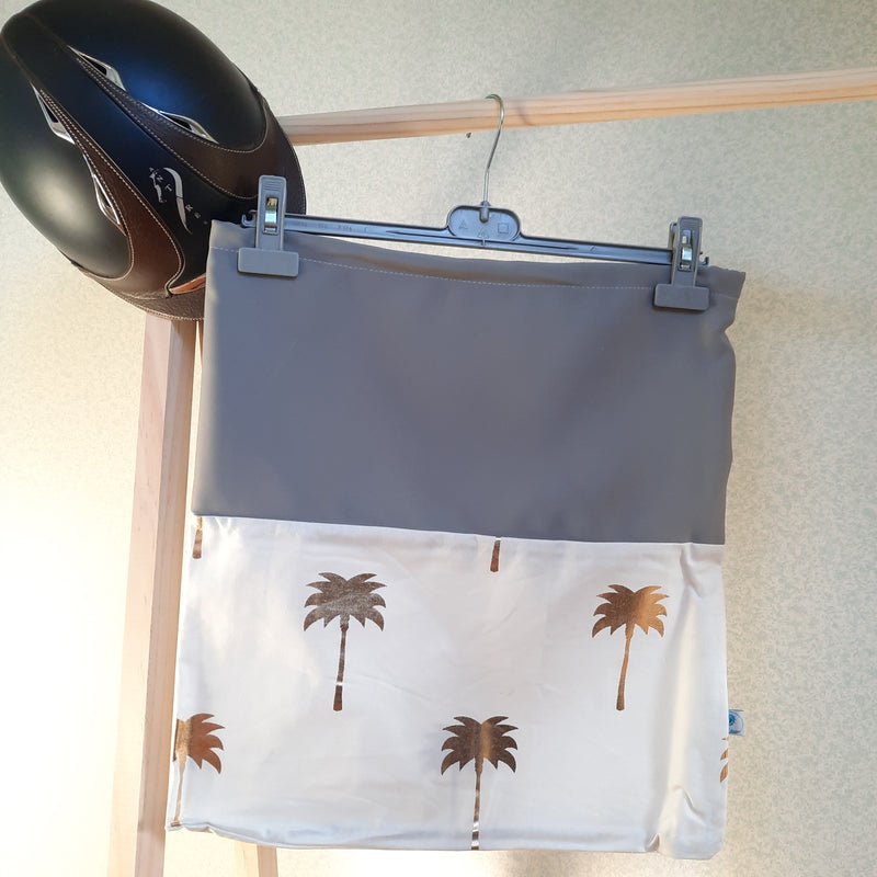 Two-tone grey and gold palm trees helmet bag