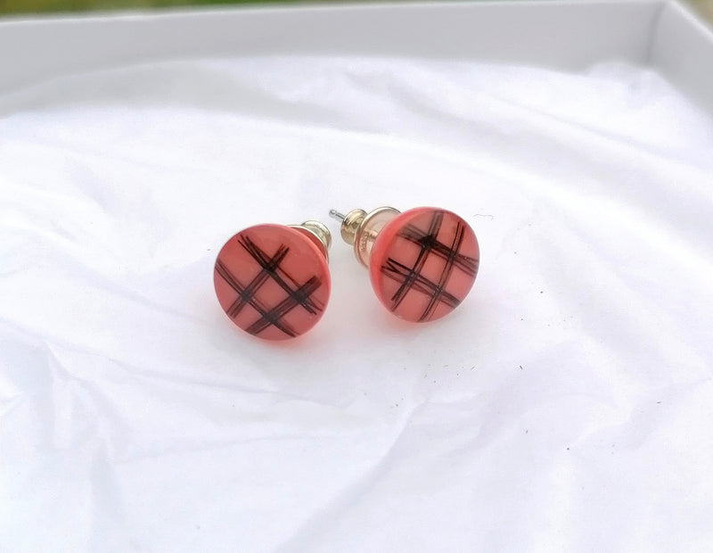 Pink tartan stud earrings