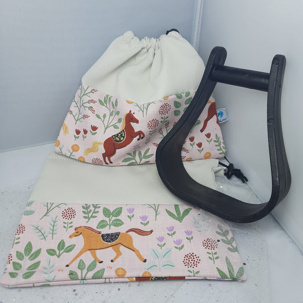 Two-tone cream with pink horses stirrup bags/covers