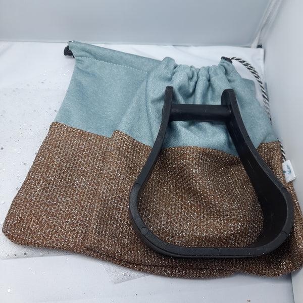 Two-tone brown and grey stirrup bags/covers
