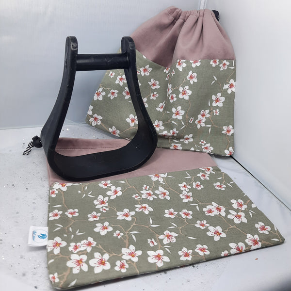 Two-tone pink with almond blossom stirrup bags/covers