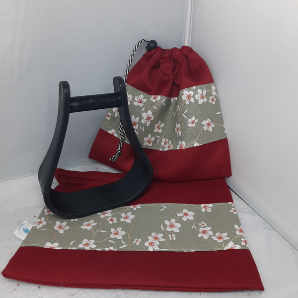 Two-tone red with almond blossom stirrup bags/covers