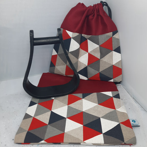 Two-tone red triangles stirrup bags/covers