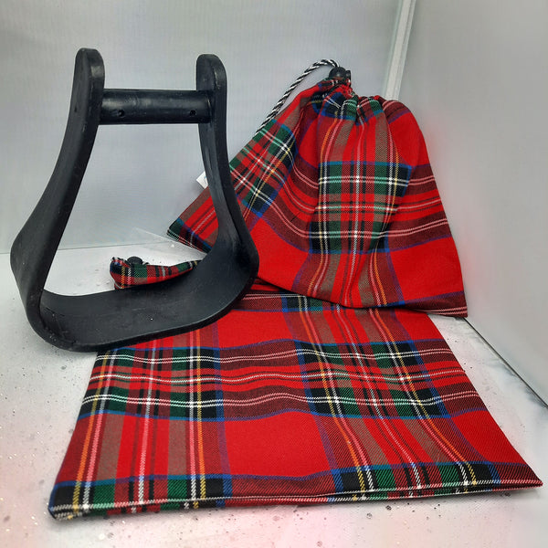 Red tartan stirrup bags/covers