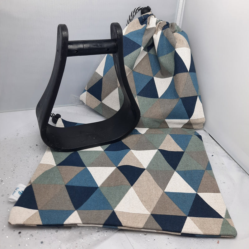 Blue and grey triangles stirrup bags/covers