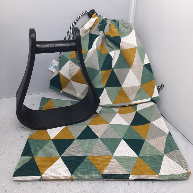 Green and mustard triangles stirrup bags/covers