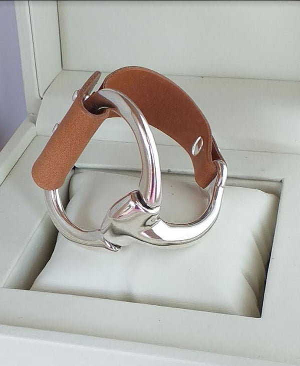 “Horse bit” leather and steel bracelet