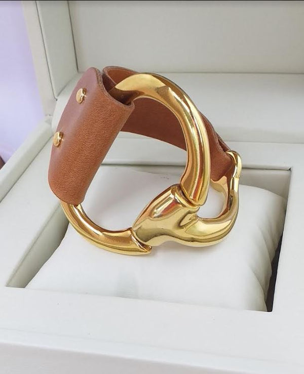 “Horse bit” leather and steel bracelet